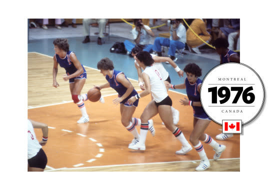 In 1976, the Summer Olympics introduced women’s basketball. Interestingly, women’s uniforms were really quite similar to men’s (though the socks were higher). Here, the US team played Bulgaria in Montreal. (Photo: Getty Images)