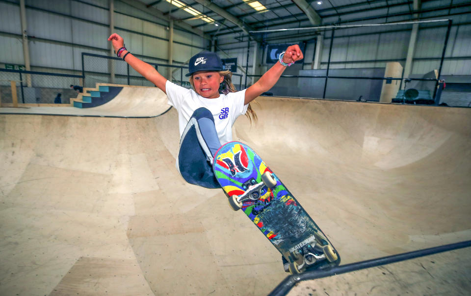 Sky Brown, 10, from Miyazaki in Japan during the Skateboard GB Team Announcement at the Graystone Action Academy, Manchester.