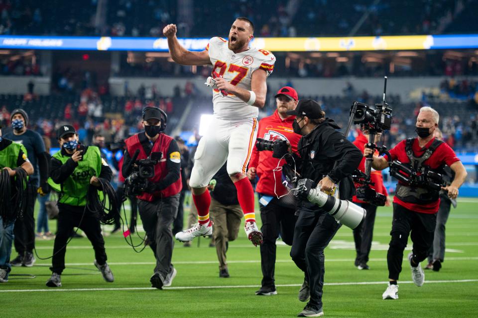 Kansas City Chiefs tight end Travis Kelce (87) reacts after the team defeated the Los Angeles Chargers.