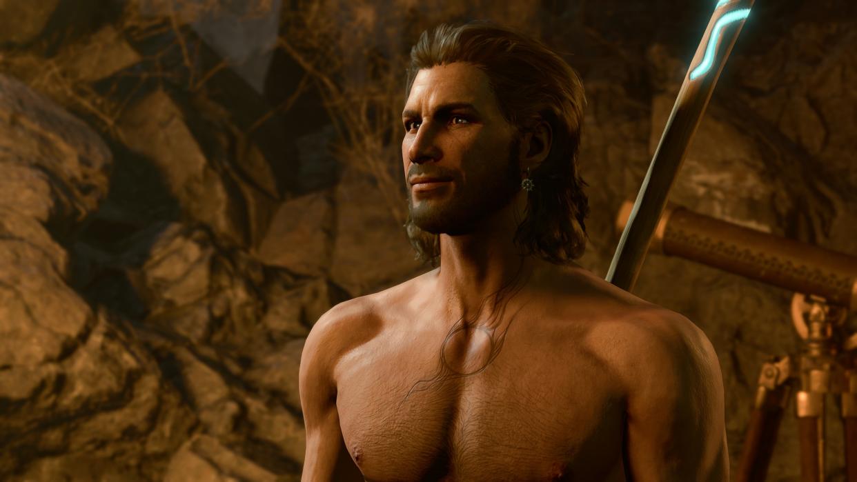  Gale, without a shirt, smirking. 