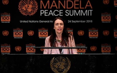 Jacinda Ardern addresses the Nelson Mandela Peace Summit - Credit: TIMOTHY A. CLARY/AFP
