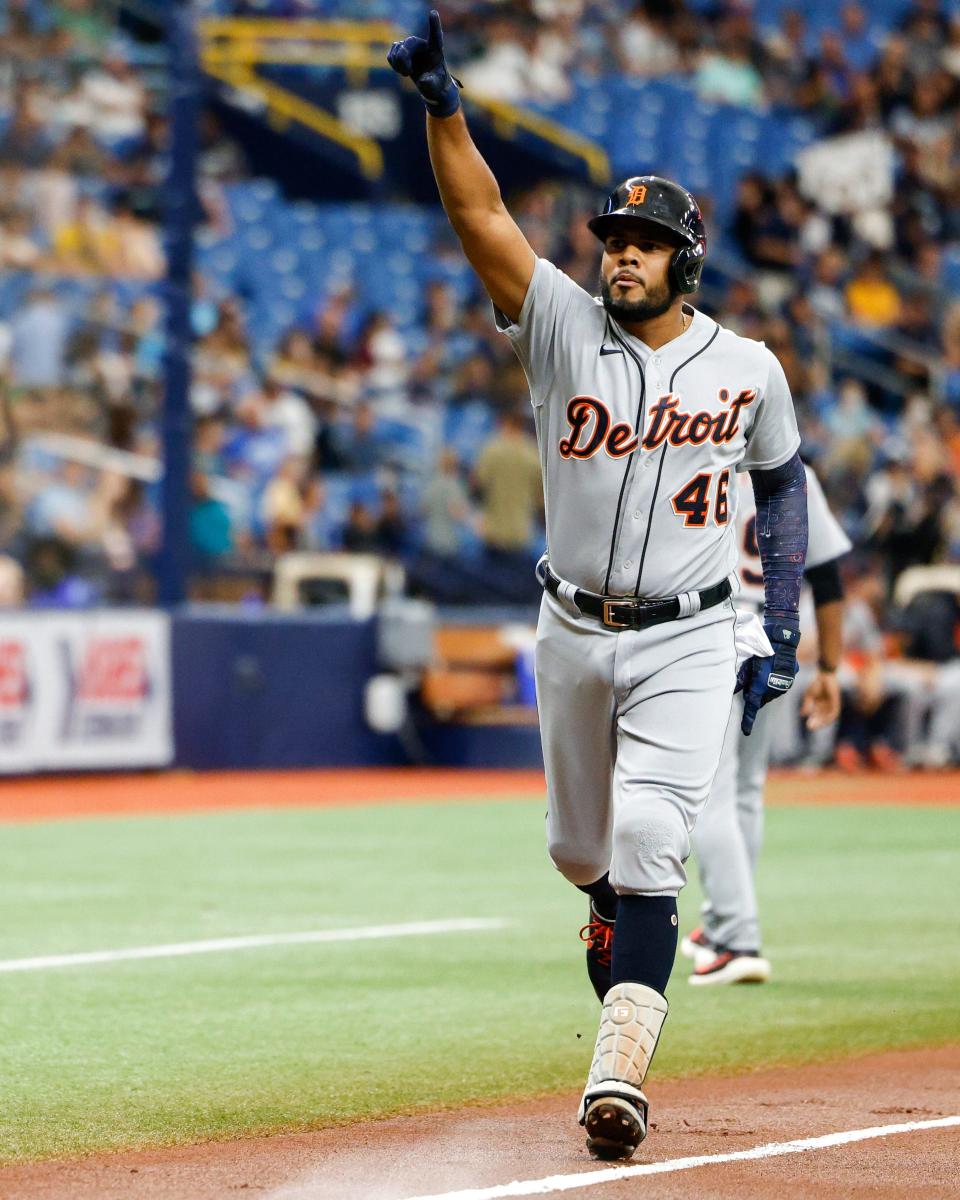 Jeimer Candelario of the Detroit Tigers reacts after hitting a three-run home run during the first inning against the Tampa Bay Rays at Tropicana Field on Sept. 18, 2021 in St Petersburg, Florida.