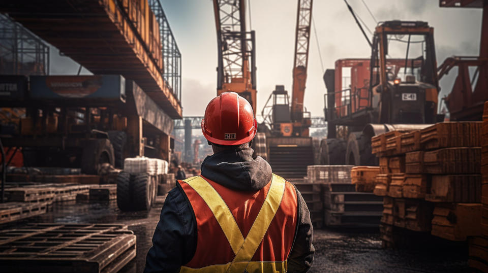 A crane rental operator loading parts onto a construction site in an industrial area.