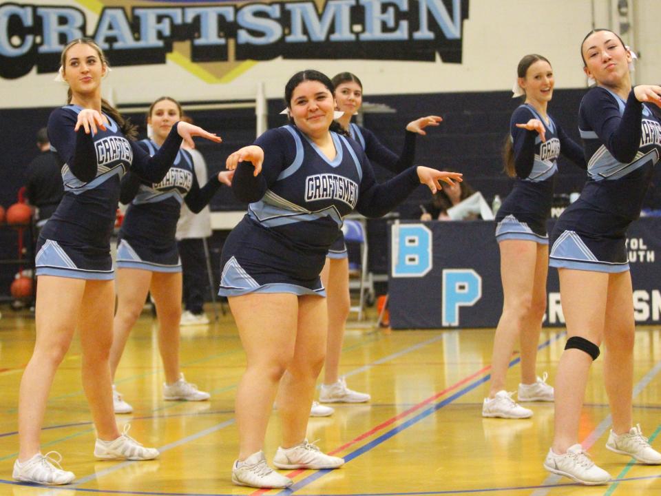 Bristol-Plymouth cheerleaders perform during halftime of a Mayflower Athletic Conference boys basketball game against Blue Hills.