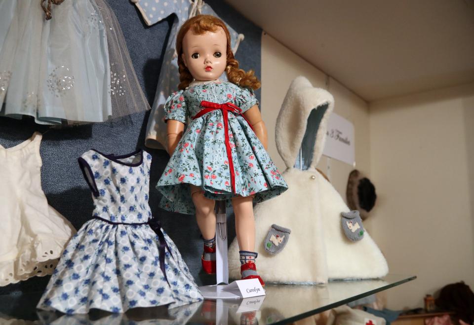 A fully jointed Madame Alexander doll from the 1950s is on display as part of the new "Wonderful Wardrobes for Treasured Dolls: Stories from Three Families" exhibit at the Doll Museum in Worthington.