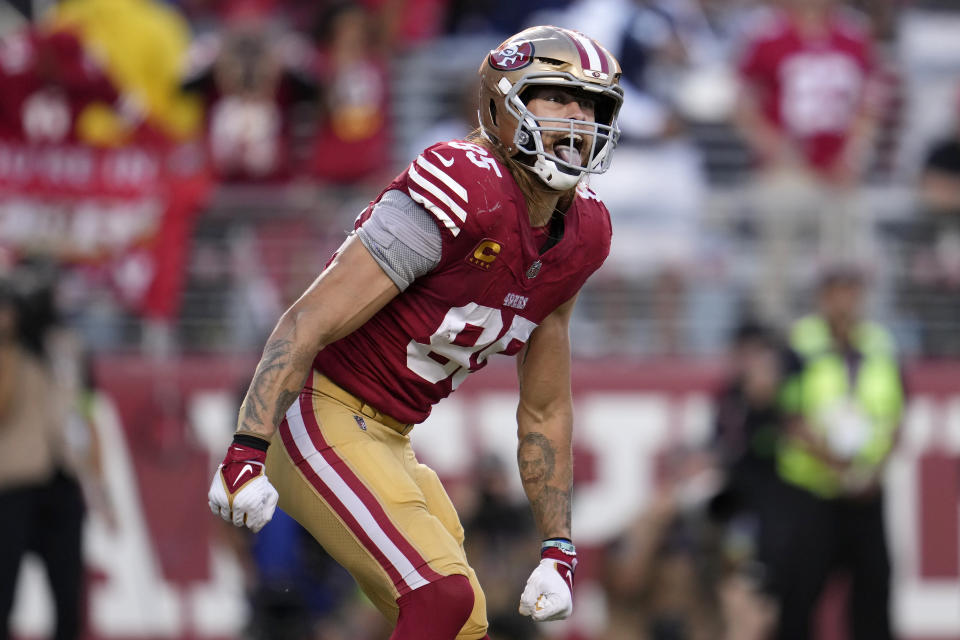 San Francisco 49ers tight end George Kittle celebrates after scoring a touchdown during the first half of an NFL football game against the Dallas Cowboys in Santa Clara, Calif., Sunday, Oct. 8, 2023. (AP Photo/Godofredo A. Vásquez)