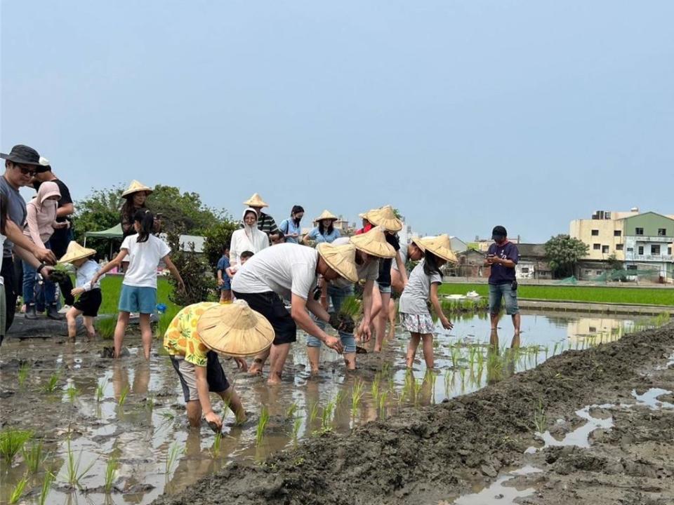 富華新在兒童節前夕舉辦「村邊綠秧秧、親子樂春遊」活動，大人小孩一起挽袖插秧，體驗農家樂趣。圖／業者提供