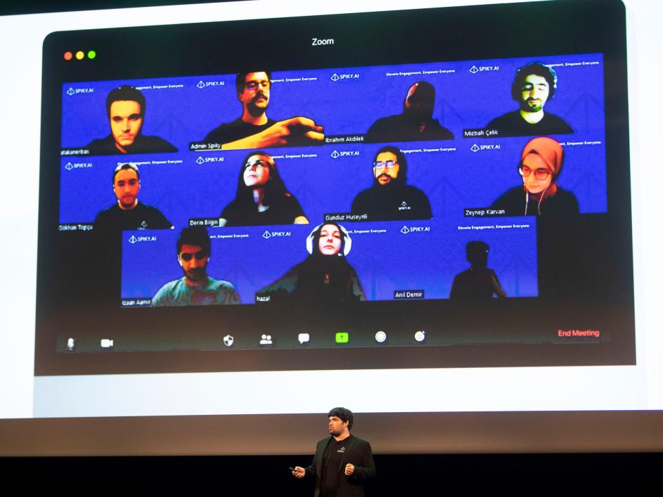 Furkan Eris, CEO of Spiky AI, presenting at the Techstars Industries of the Future Demo Day at the University of Tennessee Student Union Auditorium in Knoxville, Tenn. on Thursday, May 26, 2022. 