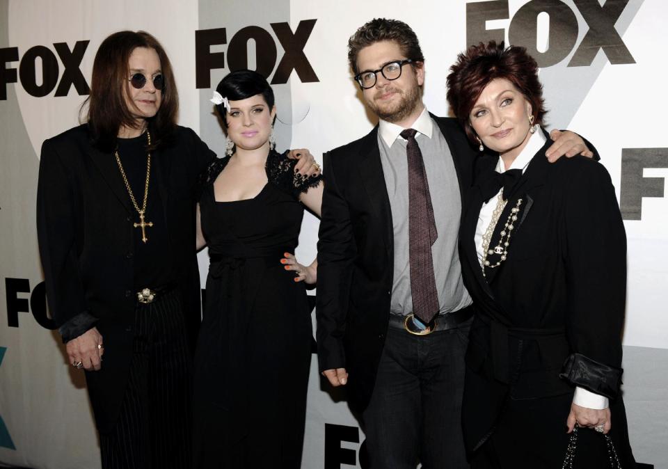 FILE - This Jan. 13, 2009 file photo shows the Osbournes, from left, Ozzy Osbourne, Kelly Osbourne, Jack Osbourne and Sharon Osbourne arriving at the FOX Winter All-Star Party in Los Angeles. Jack Osbourne is facing a diagnosis of multiple sclerosis. The former reality star and son of Ozzy and Sharon Osbourne revealed his health crisis in an interview with People released Sunday, June 17, 2012. He told the magazine he was angry and frustrated when he found out, and he's concerned about his family. (AP Photo/Chris Pizzello, file)