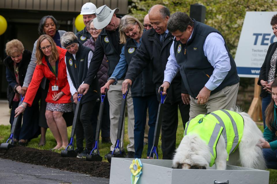 Greater Lafayette leaders pick up dirt at the groundbreaking ceremony of Tippecanoe County’s newest animal shelter, Humane Society for Greater Lafayette, on Tuesday, May 2, 2023, in Lafayette, Ind. The participants included Rep. Shelia Klinker (D-Lafayette), West Lafayette City Clerk Sana G. Booker, West Lafayette City Councilwoman, Lafayette City Clerk Cindy Murray, Tippecanoe County Commissioner Tracy Brown, Sharon Dull, lead advisor of the new animal shelter, Dr. Willie M. Reed, Purdue University’s professor from the College of Veterinary Medicine, and Lafayette Mayor Tony Roswarski.