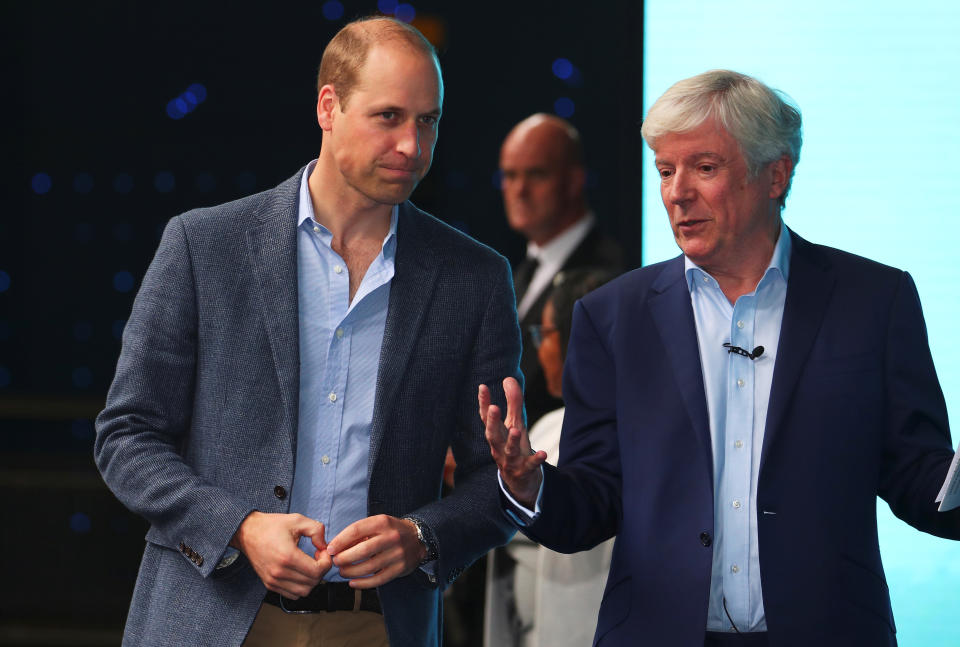 Britain's Prince William speaks to Tony Hall Director-General of the BBC  as he attends the premiere of Blue Planet II at the British Film Institute in London, Britain, September 27, 2017. REUTERS/Hannah McKay