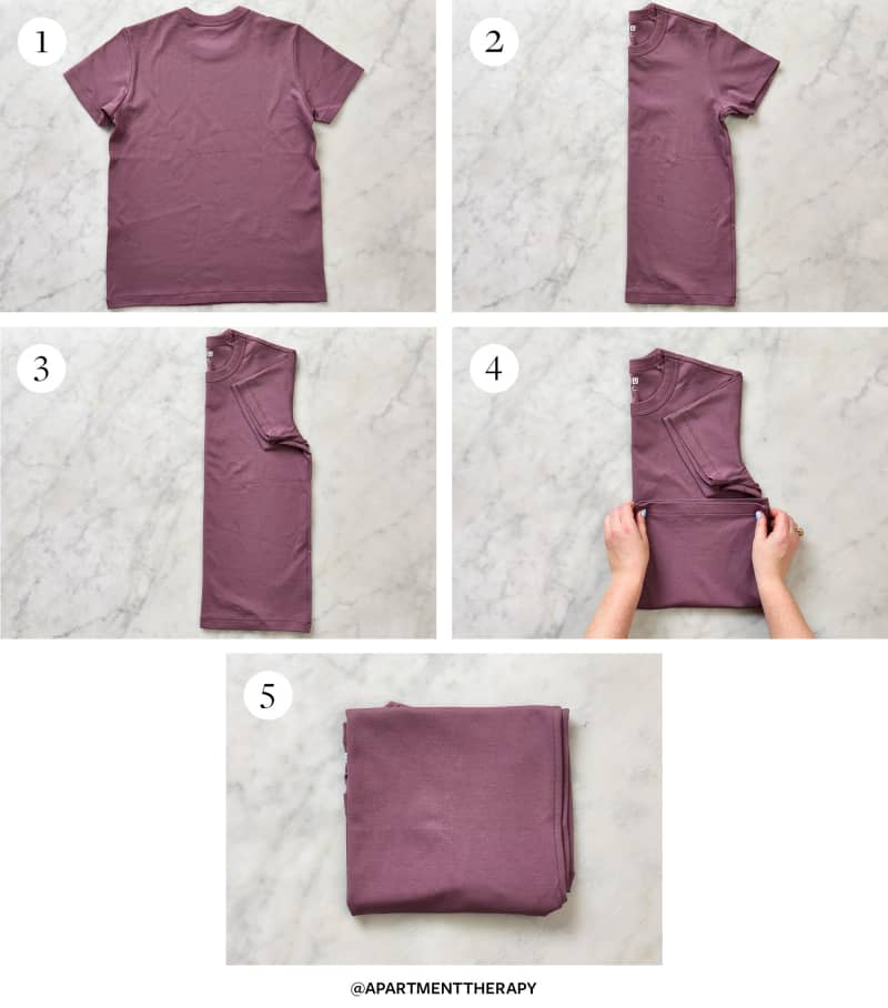 5 steps showing how to fold a shirt: quick method