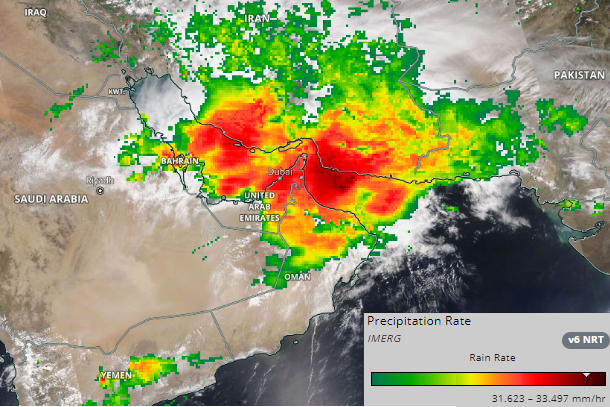 At one point Tuesday, NASA's IMERG rainfall instrument estimated 1.32 inches of rain was falling per hour over the Gulf of Oman. (NASA)