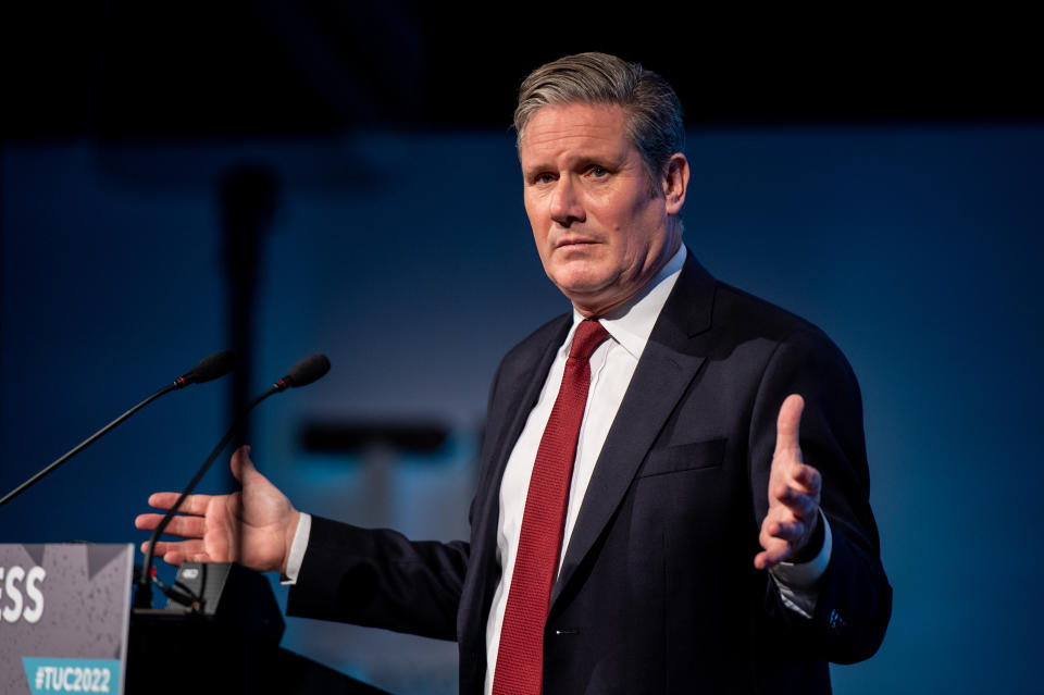 BRIGHTON, ENGLAND - OCTOBER 20: Labour leader Sir Keir Starmer delivers a key note speech to delegates at the Trades Union Congress at Brighton Centre on October 20, 2022 in Brighton, England. In his address to the TUC Congress today, Starmer set about convincing delegates that Labour will build a Britain that is fairer, greener and more dynamic. (Photo by Chris J Ratcliffe/Getty Images)