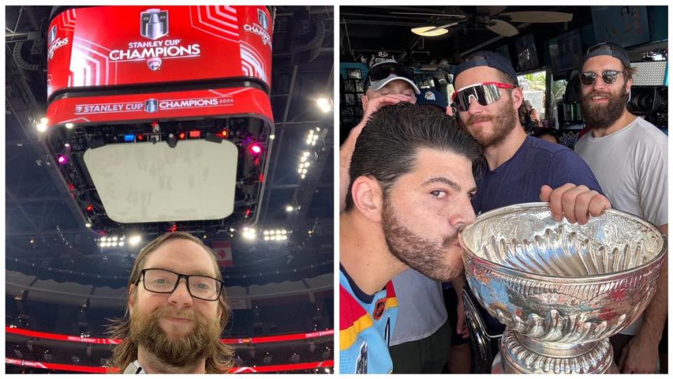 Miami Herald sports writer Jordan McPherson takes a selfie on the ice at Amerant Bank Arena after the Florida Panthers win the Stanley Cup, while Jake Levine celebrates with the team at the Elbo Room the next day.