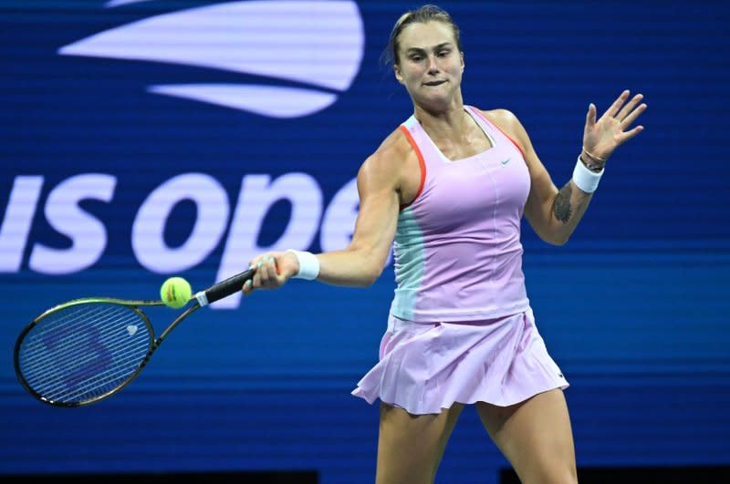 Aryna Sabalenka (pictured) will face Zheng Qinwen in the 2023 U.S. Open women's singles quarterfinals. File Photo by Larry Marano/UPI