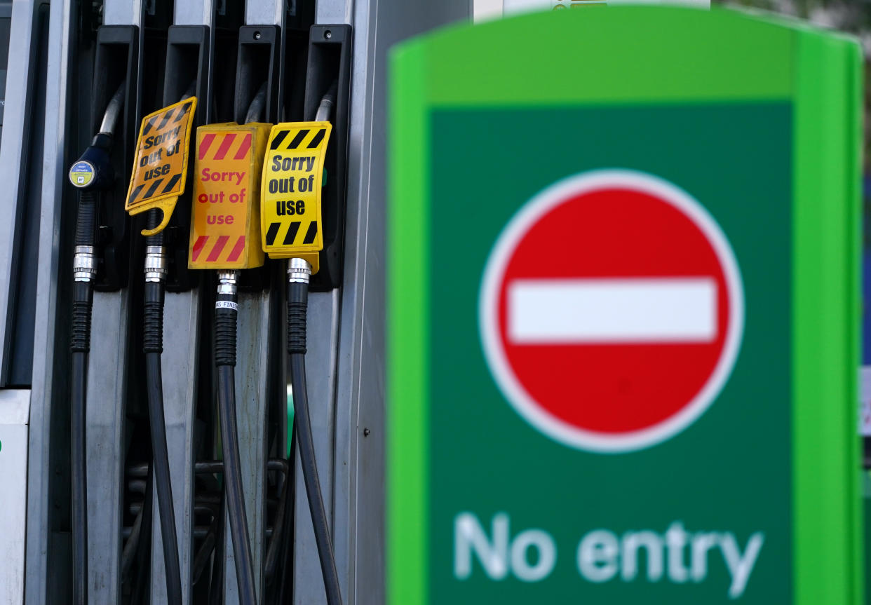 A sign on fuel pumps showing no fuel available at a BP petrol station in Grangemouth. Picture date: Monday September 27, 2021.