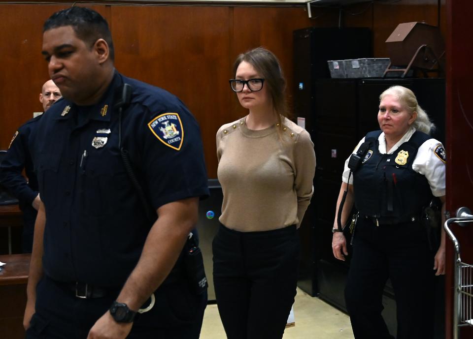Anna Sorokin better known as Anna Delvey, the 28-year-old German national, whose family moved there in 2007 from Russia, is seen in the courtroom  during her trial at New York State Supreme Court in New York on April 11, 2019. - The self-styled German heiress has been charged with grand larceny and theft of services charges alleging she swindled various people and businesses. (Photo by TIMOTHY A. CLARY / AFP)        (Photo credit should read TIMOTHY A. CLARY/AFP via Getty Images)