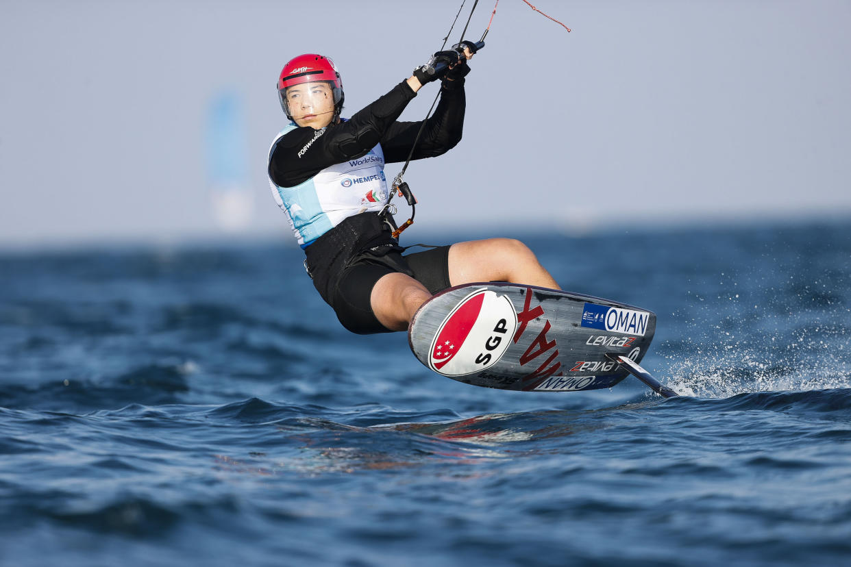 Singapore kitefoiler Maximilian Maeder in action at the 2021 Youth Sailing World Championships.