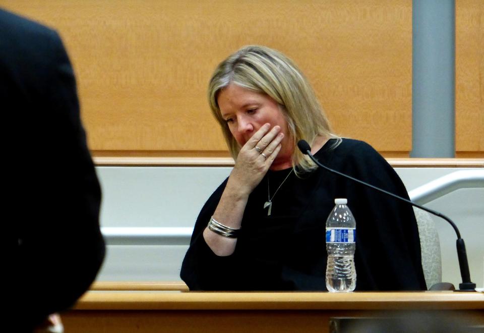 Jacqueline Barden pauses as she testifies during the Alex Jones Sandy Hook defamation damages trial (AP)