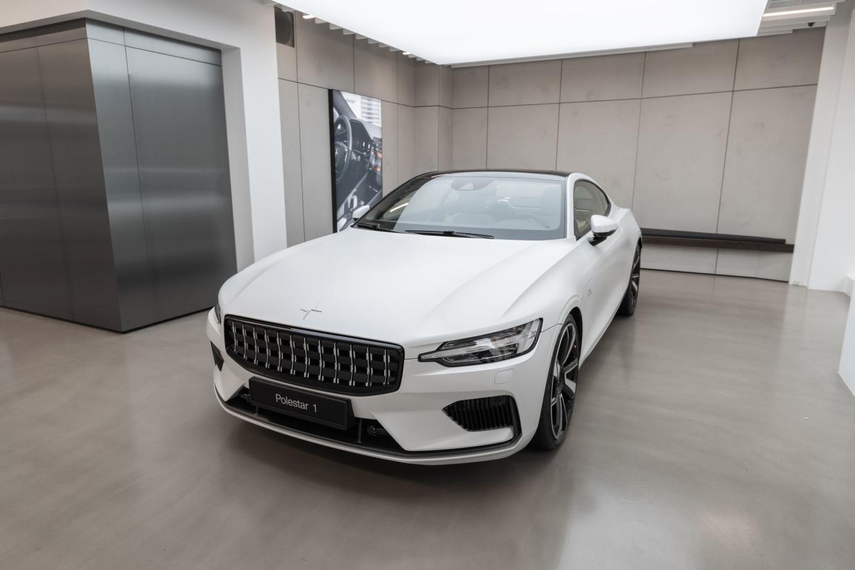 Oslo, Norway - October 13 2021: A white Polestar 1 hybrid car at display at Polestar Space Oslo.