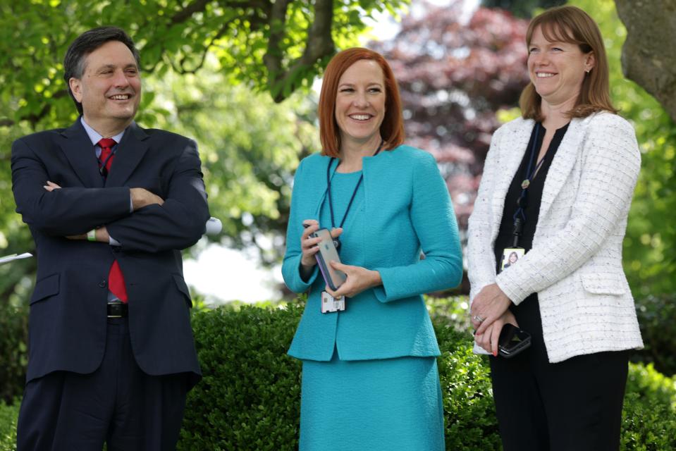 White House Chief of Staff Ron Klain, White House Press Secretary Jen Psaki and White House Communications Director Kate Bedingfield wait for President Joe Biden to deliver remarks in the White House Rose Garden on May 13, 2021 .