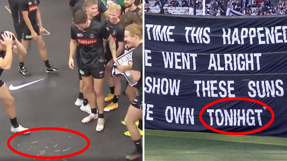 A smashed first-game memento and a knowing nod to a past banner gaffe were both parts of an unusual pre-game series of events for Collingwood. Pictures: Fox Footy/7AFL