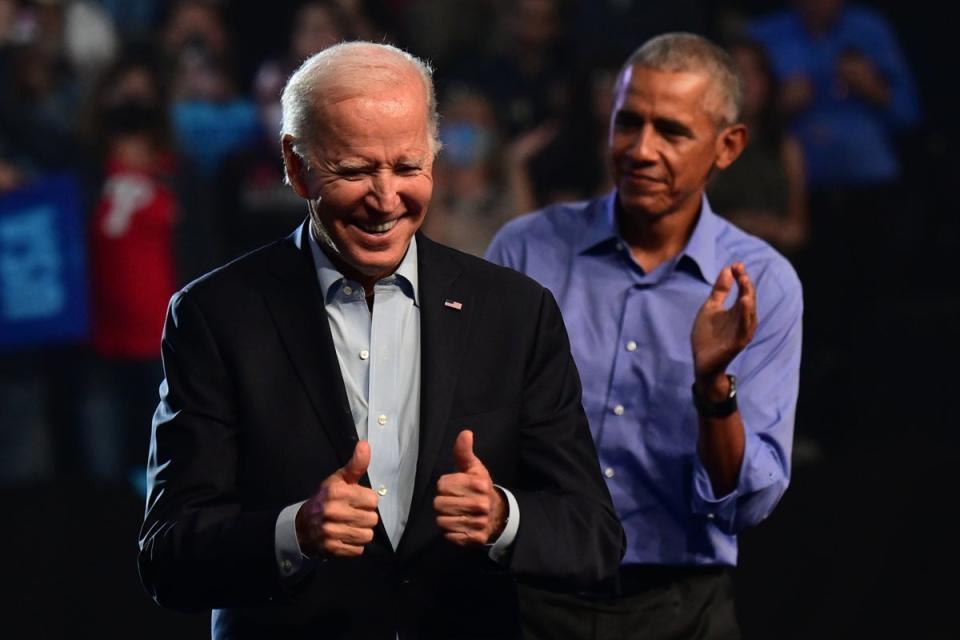 Joe Biden and Barack Obama pictured on November 5, 2022 in Philadelphia, Pennsylvania. Obama has privately raised concerns about Biden’s path to re-election after his shaky debate performance, according to a new report (Getty Images)