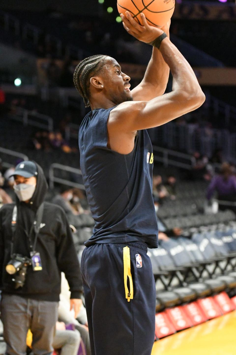 Indiana's Caris LeVert shoots during warmups as the Lakers host the Pacers at Crypto.com Arena in Los Angeles on Jan. 19, 2022.