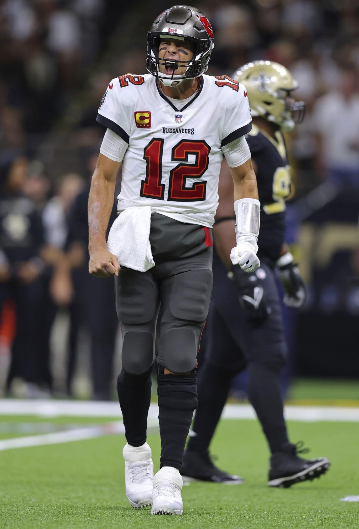 Mandatory Credit: Photo by Jonathan Bachman/AP/Shutterstock (13400496v) Tampa Bay Buccaneers quarterback Tom Brady (12) reacts during the first half an NFL football game against the New Orleans Saints, in New Orleans Buccaneers Saints Football, New Orleans, United States - 18 Sep 2021