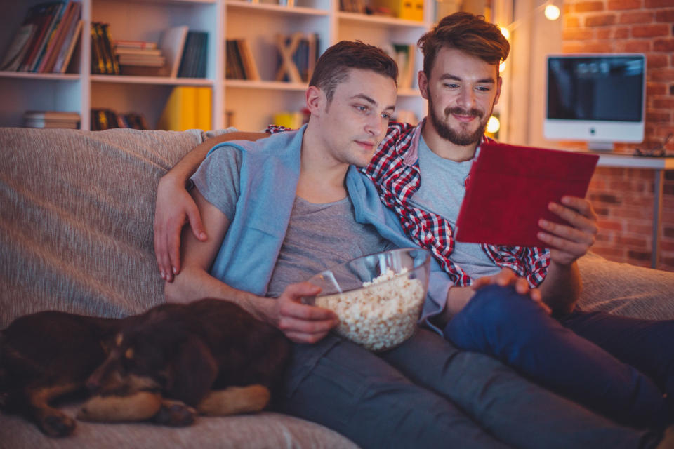 Young gay couple sitting on sofa at home with their dog