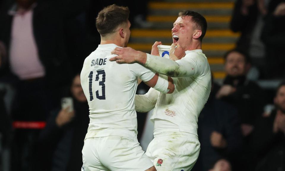 <span>Fraser Dingwall (left) celebrates scoring a try with Henry Slade during <a class="link " href="https://sports.yahoo.com/soccer/teams/england/" data-i13n="sec:content-canvas;subsec:anchor_text;elm:context_link" data-ylk="slk:England;sec:content-canvas;subsec:anchor_text;elm:context_link;itc:0">England</a>’s tense victory against Wales.</span><span>Photograph: Tom Jenkins/The Observer</span>