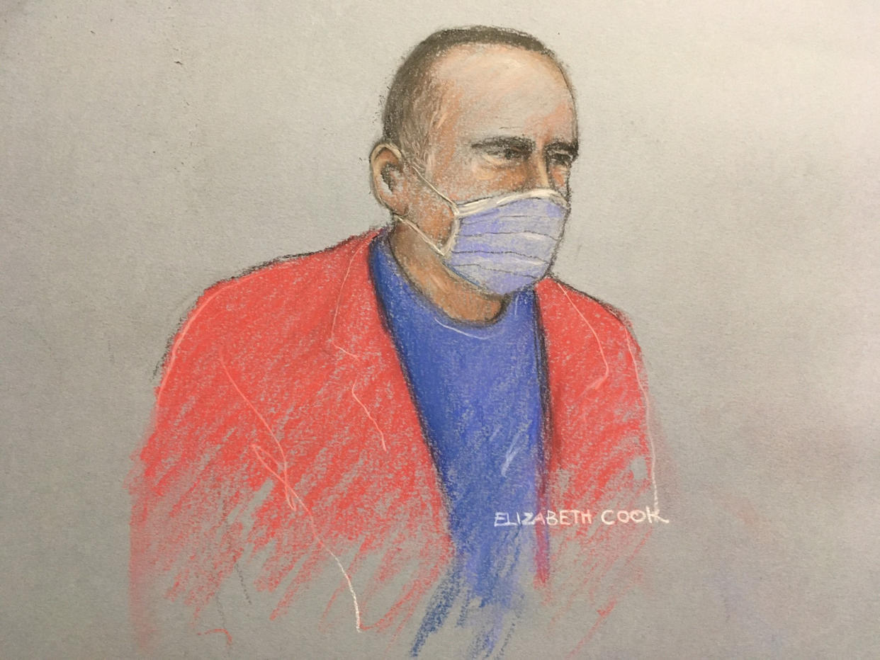 Previously unissued court artist sketch dated 27/11/20 by Elizabeth Cook of former hospital porter Paul Farrell at Wood Green Crown Court, London where he pleaded guilty to 58 child sex offences carried out between 1985 and 2020.