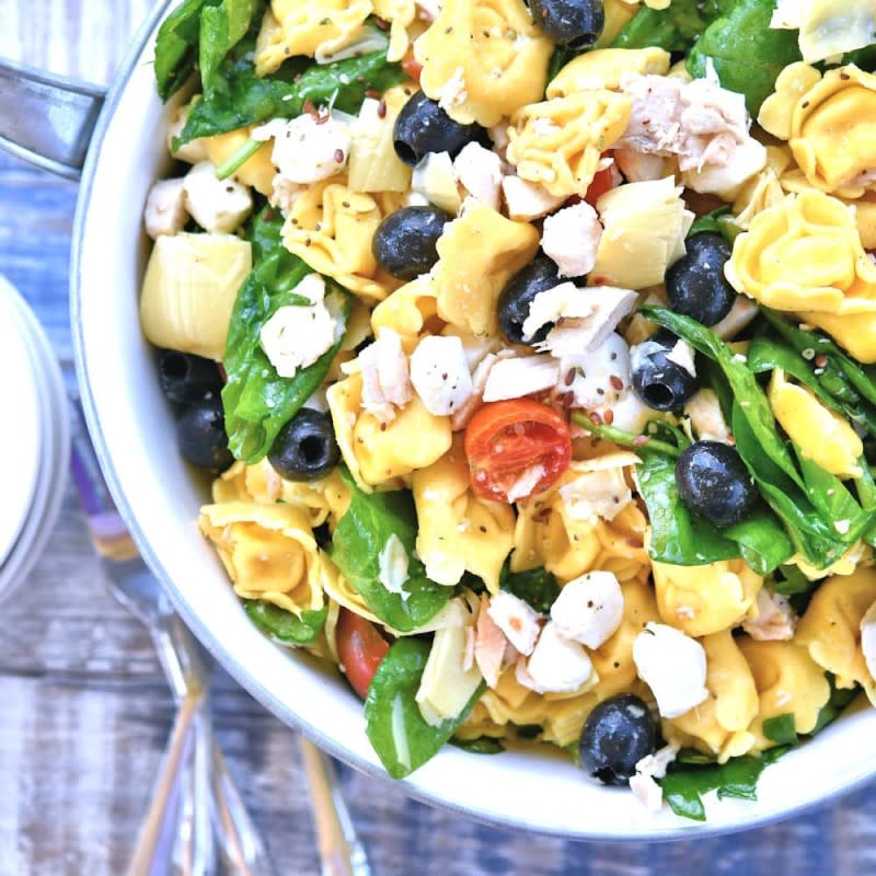 <p>24 Bite</p><p>Savory, stuffed tortellini make for the best salad croutons. </p><p><strong>Get the recipe: <a href="https://24bite.com/cold-tortellini-salad-with-chicken" rel="nofollow noopener" target="_blank" data-ylk="slk:Cold Tortellini Salad With Chicken;elm:context_link;itc:0;sec:content-canvas" class="link ">Cold Tortellini Salad With Chicken</a></strong></p>