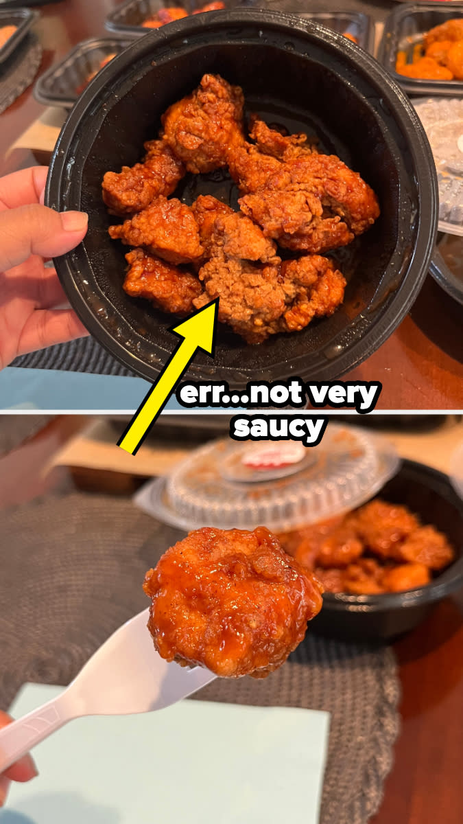 A person holds a container of fried chicken, with a yellow arrow and text "err...not very saucy." Another image below shows a piece of fried chicken on a fork