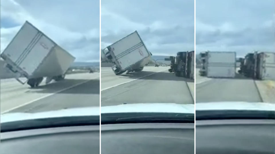 A truck the ignored warnings falls on it side narrowing missing a patrol car and another semi that has fallen