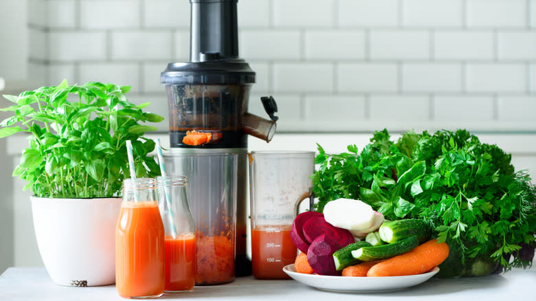 juicer with juice, pulp, veggies