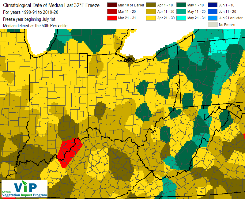 This map shows the average last 32 degree spring day in Ohio.
