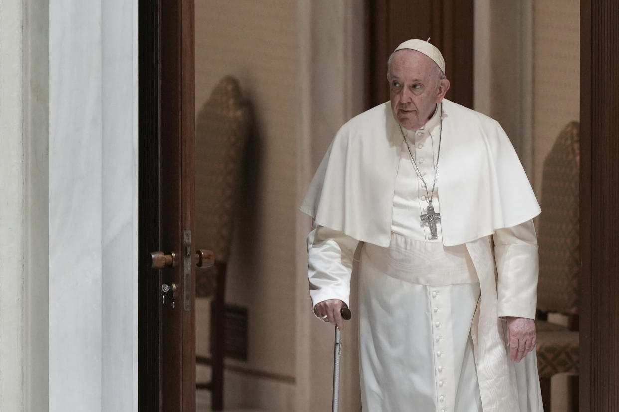 Pope Francis arrives for his weekly general audience in the Pope Paul VI hall at the Vatican, Wednesday, Jan. 4, 2023. (AP Photo/Andrew Medichini)