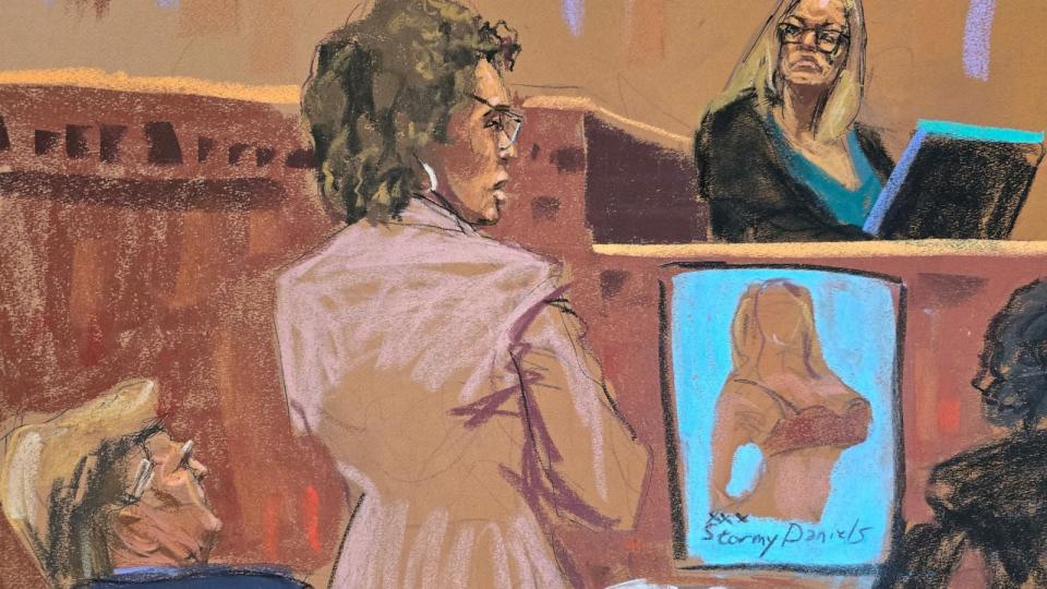 PHOTO: Former President Donald Trump watches as Stormy Daniels is questioned by defense attorney Susan Necheles during his criminal trial in Manhattan state court in New York City, May 9, 2024 in this courtroom sketch. (Jane Rosenberg via Reuters)
