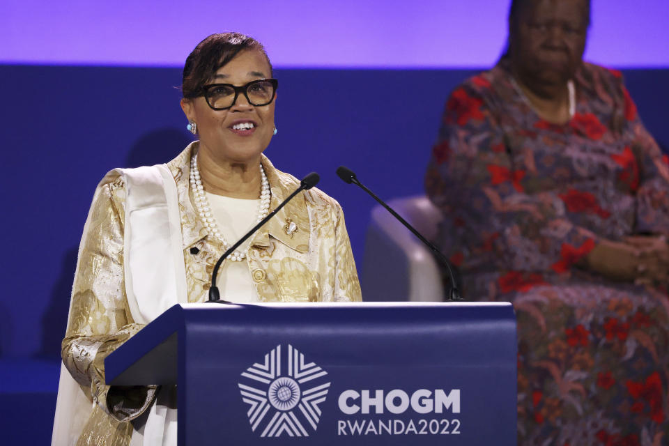 Secretary-General of the Commonwealth of Nations Patricia Scotland speaks during the opening ceremony of the Commonwealth Heads of Government Meeting (CHOGM) on Friday, June 24, 2022 in Kigali, Rwanda. Leaders of Commonwealth nations are meeting in Rwanda Friday in a summit that promises to tackle climate change, tropical diseases and other challenges deepened by the COVID-19 pandemic. (Dan Kitwood/Pool Photo via AP)