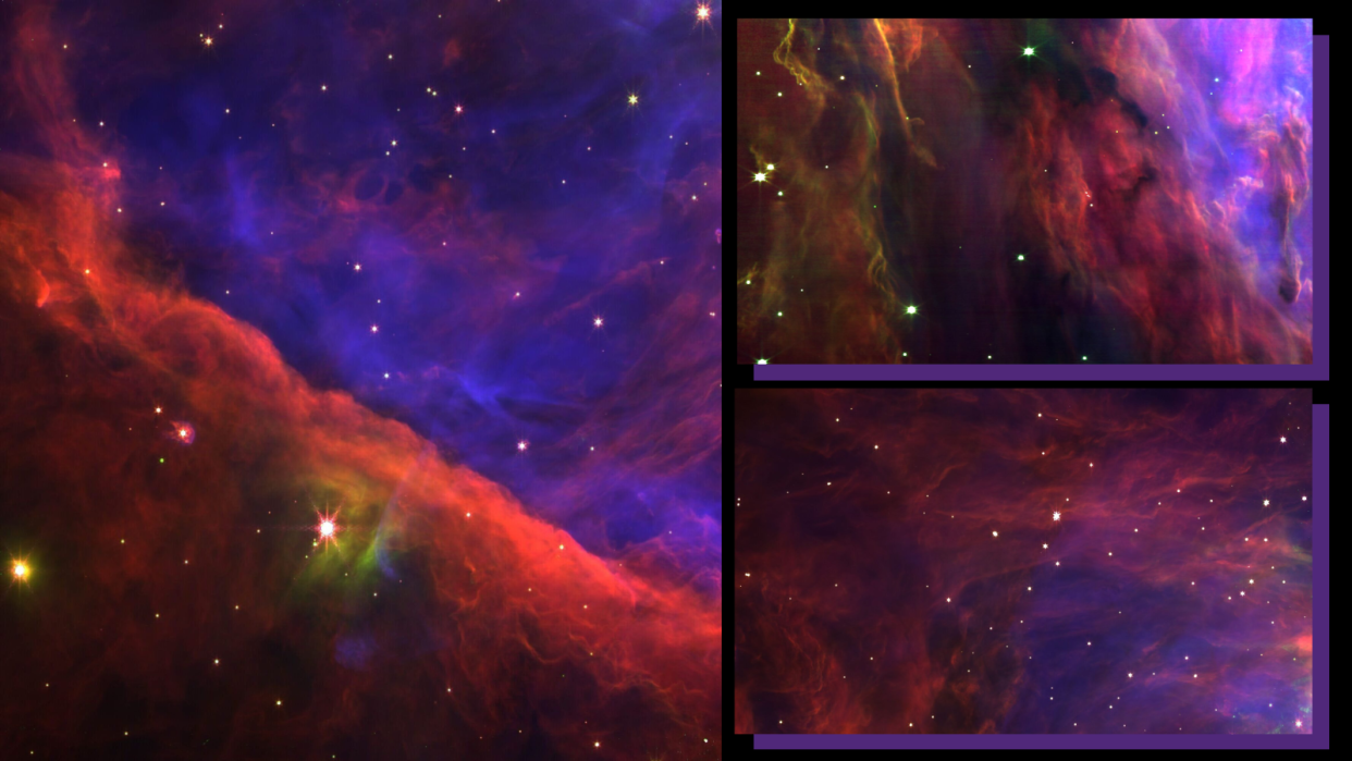  Three images of regionsof the Orion Nebula captured by the JWST showing the familar star forming region in a vibrant new light. 