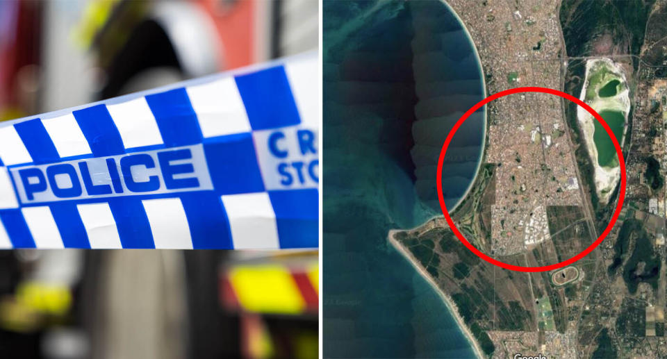 Police tape can be seen (left) and a map of where the school girl was abducted can be seen (right). 