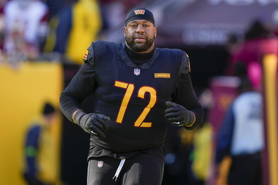 FILE - Washington Commanders offensive tackle Charles Leno Jr. takes the field before an NFL football game against the New York Giants, Sunday, Nov. 19, 2023, in Landover, Md. The Washington Commanders have told starting left tackle Charles Leno they’re releasing him, according to a person with knowledge of the decision. The person spoke to The Associated Press on condition of anonymity Friday, March 1, 2024, because the move had not been announced.(AP Photo/Andrew Harnik, File)