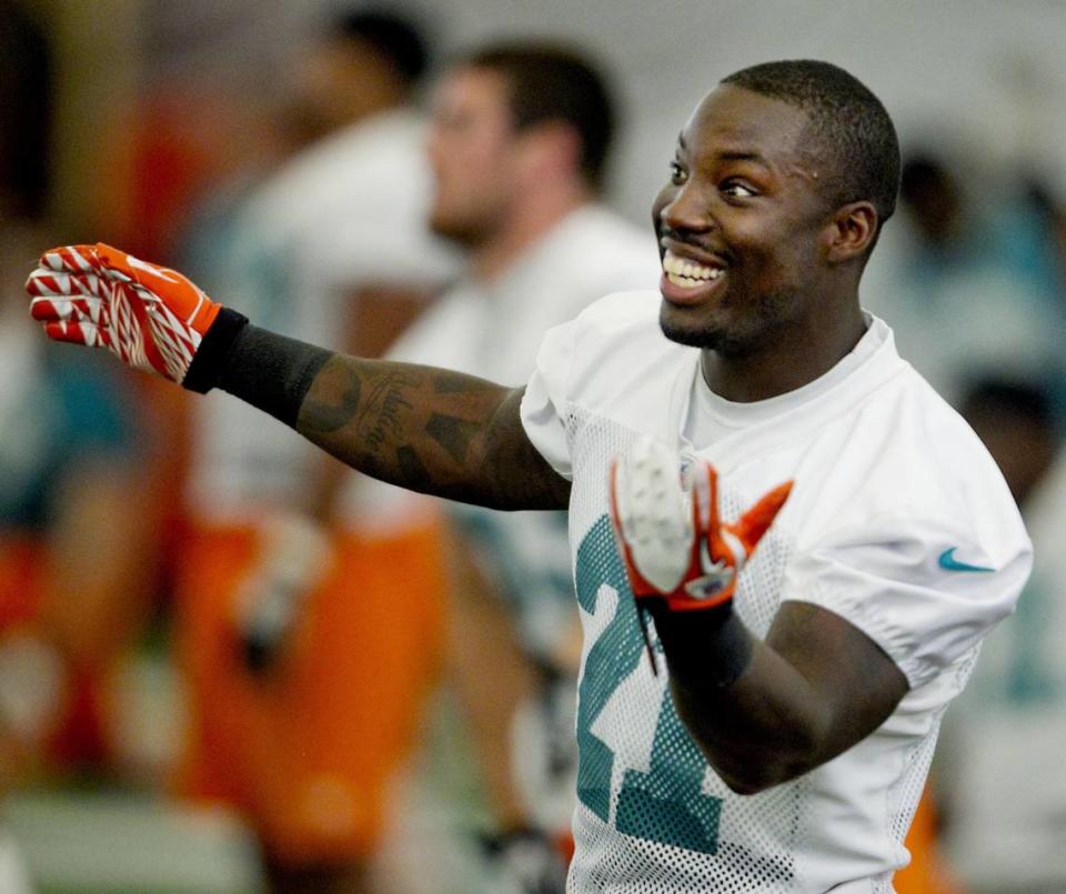 Cornerback Vontae Davis has a good time during the Miami Dolphins Mini Camp at Nova Southeastern University in Davie on June 21st, 2012.