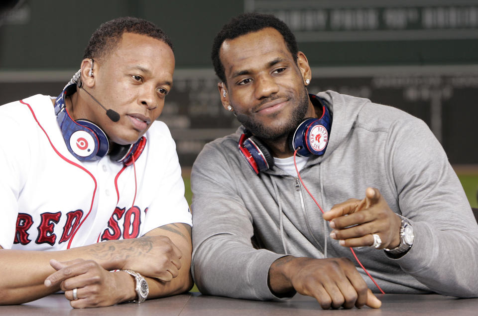 LeBron James with Dr. Dre in Red Sox headphones. 