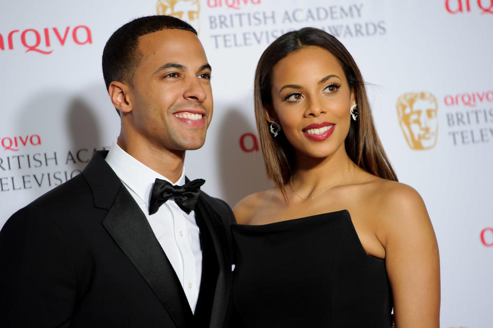 Rochelle Wiseman and Marvin Humes pose for photographers in the winners room at the British Academy Television Awards at a central London venue, Sunday, May 18, 2014. (Photo by Jonathan Short/Invision/AP)