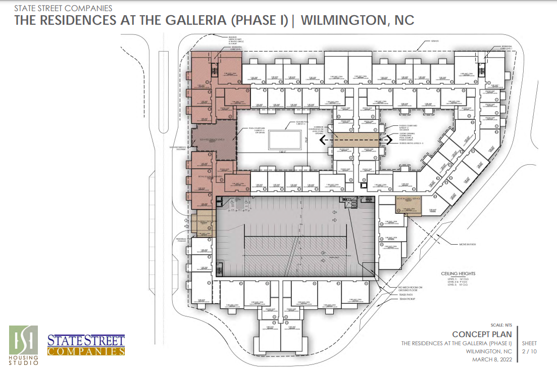 A site plan for the first phase of The Residences at The Galleria, a mixed-use development proposed for the former site of the Galleria shopping center on Wrightsville Avenue.