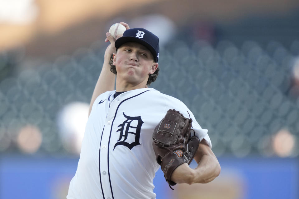 Detroit Tigers pitcher Reese Olson throws during the first inning of a baseball game against the Texas Rangers, Monday, April 15, 2024, in Detroit. (AP Photo/Carlos Osorio)