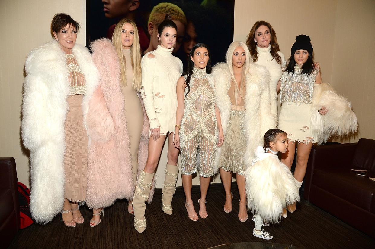 (Left to right) Khloe Kardashian, Kris Jenner, Kendall Jenner, Kourtney Kardashian, Kim Kardashian West, North West, Caitlyn Jenner and Kylie Jenner attend Kanye West Yeezy Season 3 at Madison Square Garden in New York City. 
